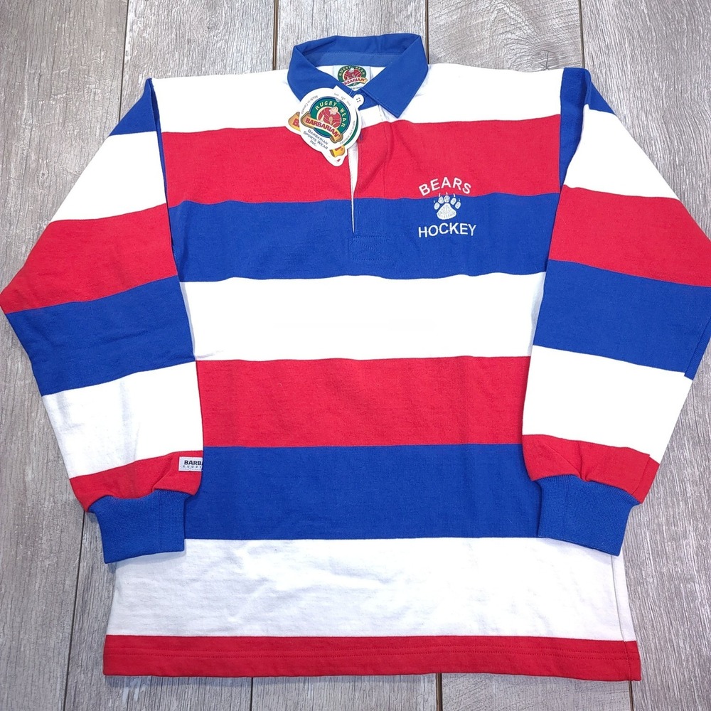 Barbarian Rugby Shirt Mens Medium Blue Red White Bears Hockey Striped NWT